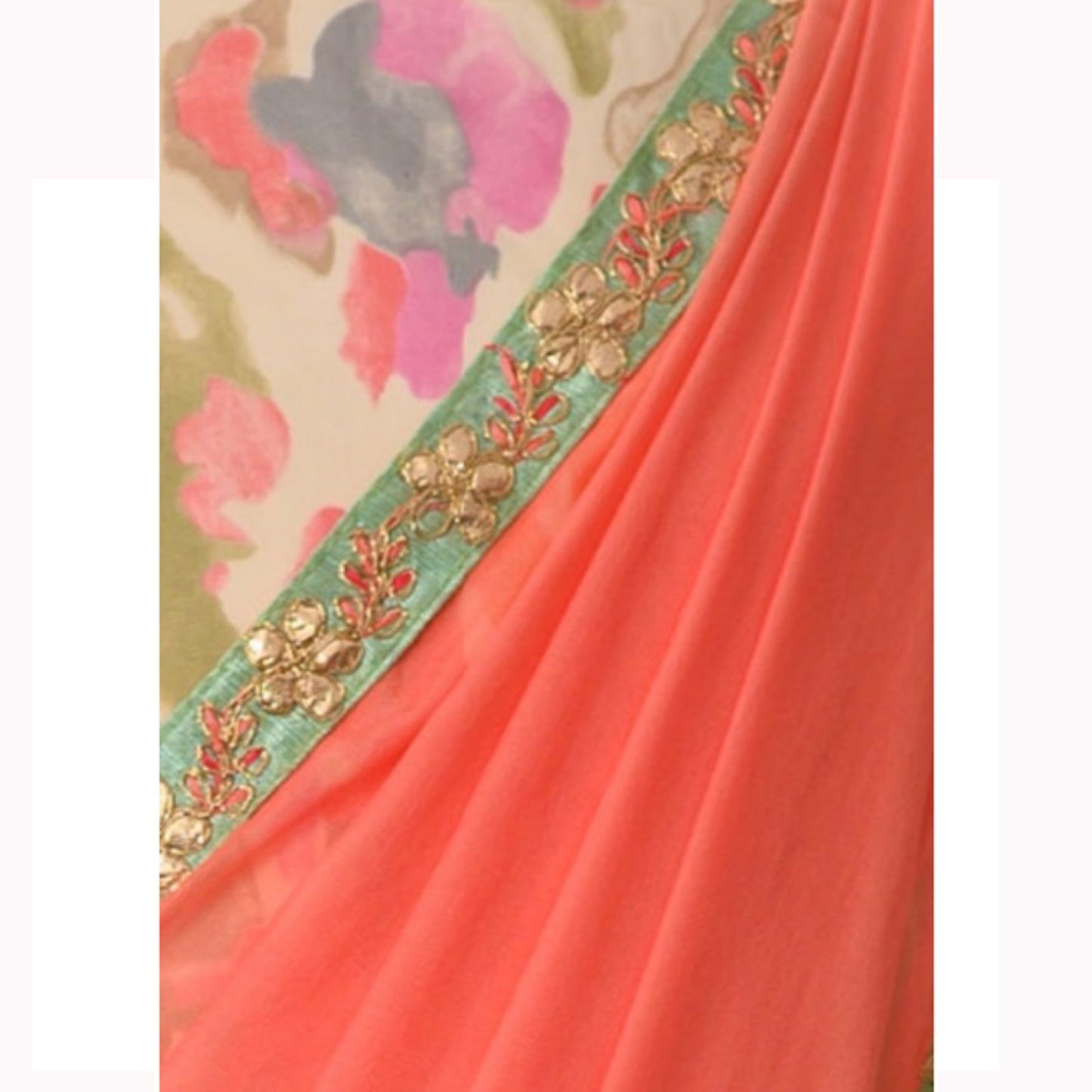 Little girls saree showing a very close up of front pleats and saree mint floral boarder. 