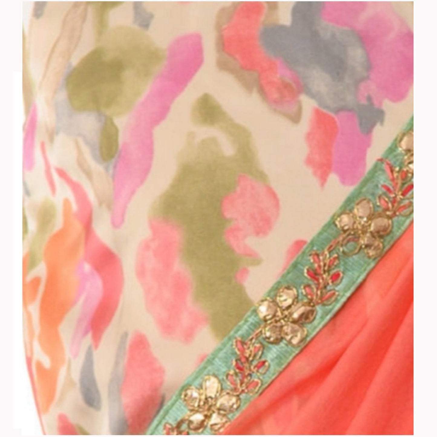 close up of contrasting blouse to show the multicoloured pattern